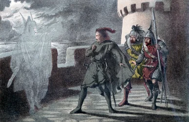 Hamlet spatřuje ducha svého otce na hradbách hradu Elsinor