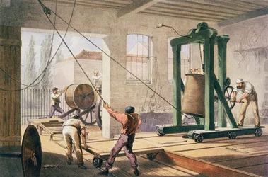 Příprava kabelu, z knihy "The Atlantic Telegraph" od Williama Howarda Russella, vydané v roce 1866 (barevná litografie) (viz také 192775).