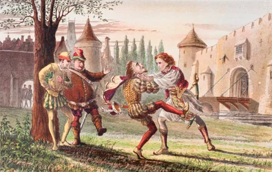 Sebastian mluví ve Dvanácté noci, IV. dějství, I. scéna: "Proč! Tady je pro tebe! A tady! A tam!", z knihy "The Illustrated Library Shakespeare", vydané v Londýně roku 1890 (barevná litografie).