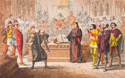Shylock mluví v Kupci benátském, IV. dějství, I. scéna, "Is that the law", z "The Illustrated Library Shakespeare", vydáno Londýn 1890 (barevná litografie).