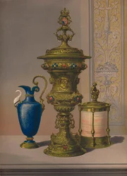 Stříbrná váza se zlacením a drahokamy, porcelánová váza, rakev na doutníky, 1863
