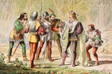 Speed mluví ve hře Dva pánové z Verony: "Mistře, buďte jedním z nich", z knihy "The Illustrated Library Shakespeare", vydané v Londýně 1890 (barevná litografie).