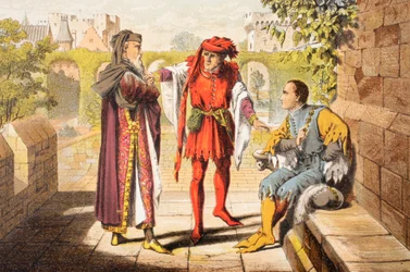Warwick mluví v Králi Jindřichovi VI., II. dějství, II. scéna, "Buďme první, kdo pozdraví našeho právoplatného panovníka", z knihy "The Illustrated Library Shakespeare", vydané v Londýně roku 1890 (barevná litografie).