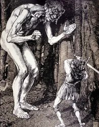 Rytíř a obr. Ilustrace Robert Engels (1856 - 1936). Německá rytina. (Dusseldorf)