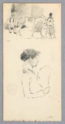 Kresba, Scéna s oslem a dvěma postavami; žena držící vějíř, 1882