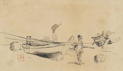 Dvě japonské rybářské lodě na pobřeží, 1867-1903