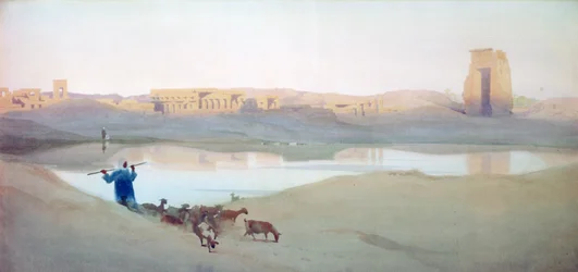 Posvátné jezero, Karnak", asi 1900. Akvarel. Robert Talbot-Kelly (1861-1934) Anglický orientalistický krajinář. Egypt Krajina Vodní ruiny Kozoroh