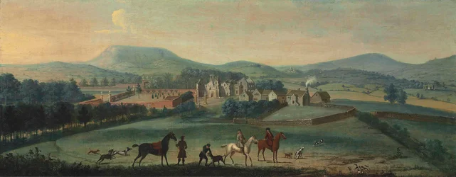 Pohled na zničenou Westby Hall, Yorkshire, s loveckou skupinou v popředí