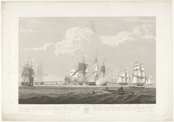 Odjezd dvanácti holandských obchodních lodí z přístavu Portsmouth, 1833 (deska 3) Tato sada tří desek znázorňujících vyplutí z přístavu Portsmouth 2. června 1833 12 lodí Nederlandsche Koopvaardy z embarga