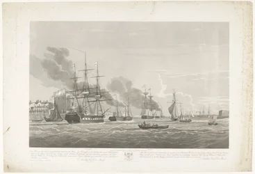 Odplutí dvanácti holandských obchodních lodí z přístavu Portsmouth, 1833 (deska 2) Tato sada tří desek znázorňujících vyplutí z přístavu Portsmouth 2. června 1833 12 lodí Nederlandsche Koopvaardy z embarga
