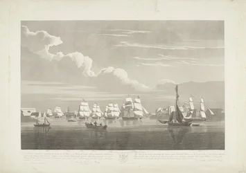 Odplutí dvanácti holandských obchodních lodí z přístavu Portsmouth, 1833 (deska 1) Tato sada tří desek znázorňujících vyplutí z přístavu Portsmouth 2. června 1833 12 lodí Nederlandsche Koopvaardy z embarga
