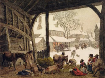 Sněhová scéna na vesnici, 1819 (čb, tělový kolorit, vyškrabávání přes grafit)