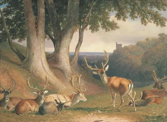Krajina s jelenem, kolem roku 1800 (tužka a akvarel na papíře)