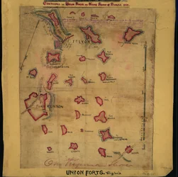 Obrysy pevností Unie na jižní straně řeky Potomac, 1862 (mapa). LOC gvhs01.vhs00242