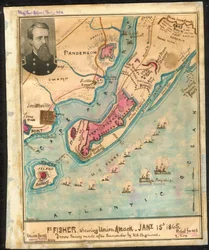 Ft. Fisher ukazuje (sic) útok Unie, 15. ledna 1865 Z průzkumu provedeného po kapitulaci americkými ženisty. LOC gvhs01.vhs00185