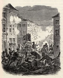 Boje na barikádách u radnice Cölln v Berlíně v noci z 18. na 19. března 1848.
