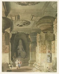 Interiér jeskynního chrámu Indry Subby v Elloře, ze svazku II Scenérie, kostýmy a architektura Indie, nakreslený Davidem Robertsem (1796-1864), leptaný Thomasem Kearnanem (fl.1821-50) a rytina