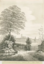 Wolverhampton - Pohled do dálky z Dunstall Lane: sépiová kresba, 1837