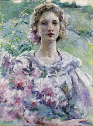 Žena s květinami. Obraz Roberta Reida (1862-1929). Olej na plátně. Soukromá sbírka.