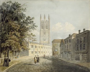 Magdalen College and the Eastern End of the High Street, Oxford, 1795 (akvarel přes náznaky v grafitu)