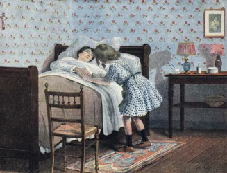 Holčička u postele své nemocné matky čeká na válku. Ilustrace Robert Salles (1871-1929) v „“ Je sais Lire““.