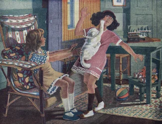 Kočička Annette: bílá kočka drápe tvář malé holčičky, která si hraje se svou kamarádkou. Ilustrace Robert Salles (1871-1929) v „“ Je sais Lire““.