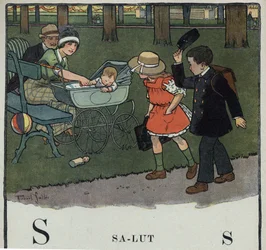 Dětská knížka „“ Budu číst – Metodická a zábavná abeceda od táty“““ 1926. Ilustrace Robert Salles (1871-1929). Abecedary: písmeno S jako Salut. Chlapec pozdraví pár a jejich dítě zvednutím čepice.