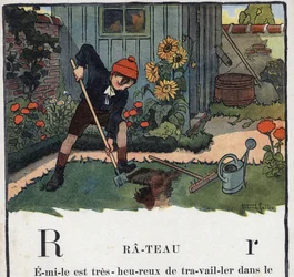 Dětská knížka „“ Budu číst – Metodická a zábavná abeceda od táty“““ 1926. Ilustrace Robert Salles (1871-1929). Abecedaire: písmeno R jako Rake. Chlapcova zahrada na zahradě jeho domu.
