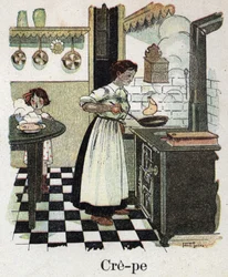 Dětská knížka „“ Budu číst – Metodická a zábavná abeceda od táty“““ 1926. Ilustrace Robert Salles (1871-1929). Matka fouká palačinky na pánvi.