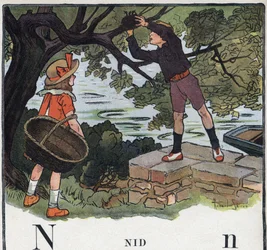 Dětská knížka „“ Budu číst – Metodická a zábavná abeceda od táty“““ 1926. Ilustrace Robert Salles (1871-1929). Abecedary: písmeno N jako hnízdo. Chlapec si vezme hnízdo postavené na stromě.