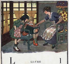 Dětská knížka „“ Budu číst – Metodická a zábavná abeceda od táty“““ 1926. Ilustrace Robert Salles (1871-1929). Abecedary: písmeno L jako kniha. Matka učí svou dceru číst.