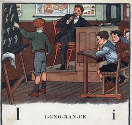 Dětská knížka „“ Budu číst – Metodická a zábavná abeceda od táty“““ 1926. Ilustrace Robert Salles (1871-1929). Abecedary: dopis I jako ignorance. Chlapec recituje abecedu na tabuli.