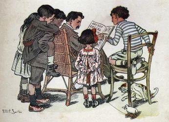 Dětská knížka „“ Budu číst – Metodická a zábavná abeceda od táty“““ 1926. Ilustrace Robert Salles (1871-1929). Otec rodiny učí děti číst.