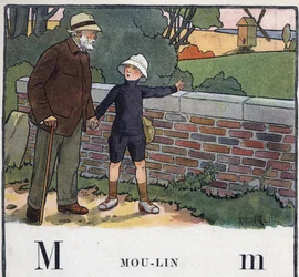 Dětská knížka „“ Budu číst – Metodická a zábavná abeceda od táty“““ 1926. Ilustrace Robert Salles (1871-1929). Abecedaire: písmeno M jako Moulin. Chlapec chodí se svým dědečkem. Ukazuje na větrný mlýn.