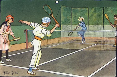 Tenis na trávníku. Rytí do „“ Co hrajeme? “” od E. Webera s akvarelovými kresbami Roberta Sallese (1871-1929). Knihovna Garnier Freres, Paříž