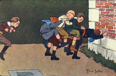 Kůň se rozpustil (když skočíte, musíte skočit caliphurchon na záda jiného dítěte, aniž byste srazili ostatní). Rytí do „“ Co hrajeme? “” od E. Webera s akvarelovými kresbami Roberta Sallese (1871-1929). Knihovna Garnier Frere