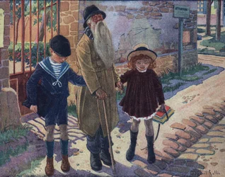 Hůl nevidomých: dvě děti pomáhají slepému starci chodit. Ilustrace Robert Salles (1871-1929) v „“ Je sais Lire““.