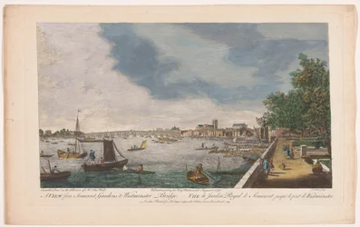 Pohled na Westminsterský most přes řeku Temži v Londýně, při pohledu ze zahrady Somerset House Pohled ze Somerset Gardens na Westminster Bridge (název na objektu) Londýn (název série)