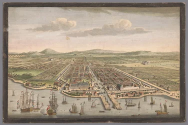 Gezicht op de stad Batavia Město Batavia na ostrově Jáva a hlavní město všech holandských továren a osad ve Východní Indii (název na objektu) Nederzettingen van de VOC (název série)
