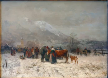 Dobytčí trh v zimě poblíž Mittenwald