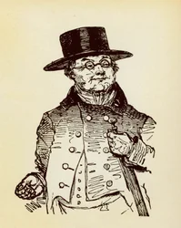 Portrét sira Pickwicka, hrdiny románu "Dobrodružství sira Pickwicka" od Charlese Dickense (1812-1870)
