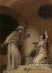Ilustrace pro východní romantiku, možná „arabské noci“, s klečící ženskou postavou vpravo)