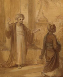 Ilustrace pro východní romanci, možná „Arabské noci“, se dvěma stojícími mužskými postavami