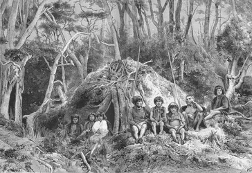 Fuegians a jejich vigvamy, c1885, 1890