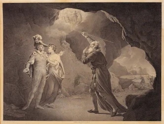 Prospero, Ferdinand a Miranda. Z "The Storm" Williama Shakespeara, dějství 4, scéna 1