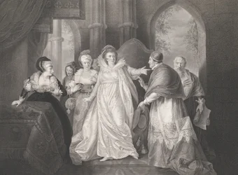 Queen Catherine, Cardinal Wolsey a Cardinal Campeius Sha..., poprvé publikováno 1796, znovu vydáno 1852.