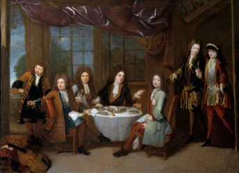 Snídaně se šunkou. Muži šlechty sdílející uzeniny. Obraz Robert Levrac Tournieres (1667-1752)