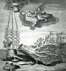 Emblematický tisk odkazující na popravu Karla I. a následnictví Stuartů, 1715