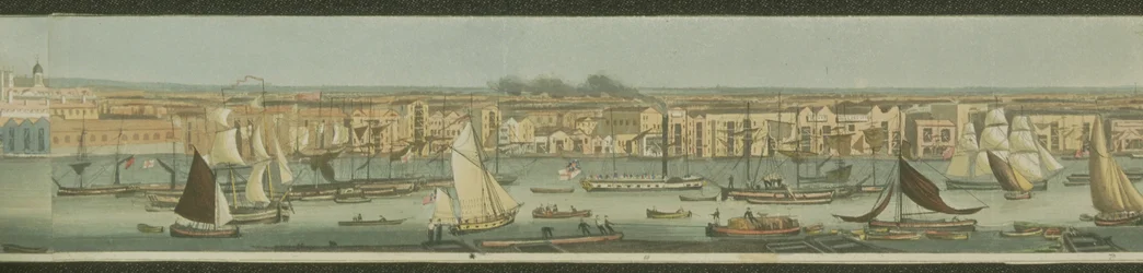 Panoramatický pohled na řeku Temži, z jejího jižního břehu v Bermondsey ukazuje Stepney, 1823 (akvatinta)