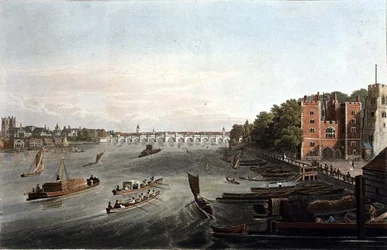 Pohled na Westminsterský most a palác Lambeth, hospoda. 1820 od Colnaghi & Co. (rytina)